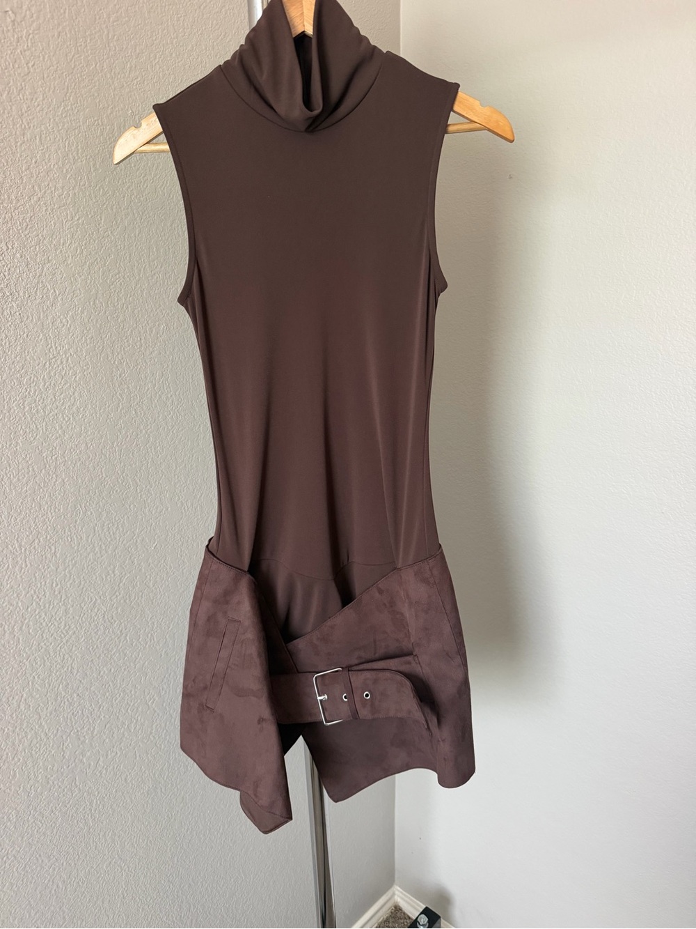 Zara Brown Sleeveless Turtleneck Camisole with Suede Belt Detail